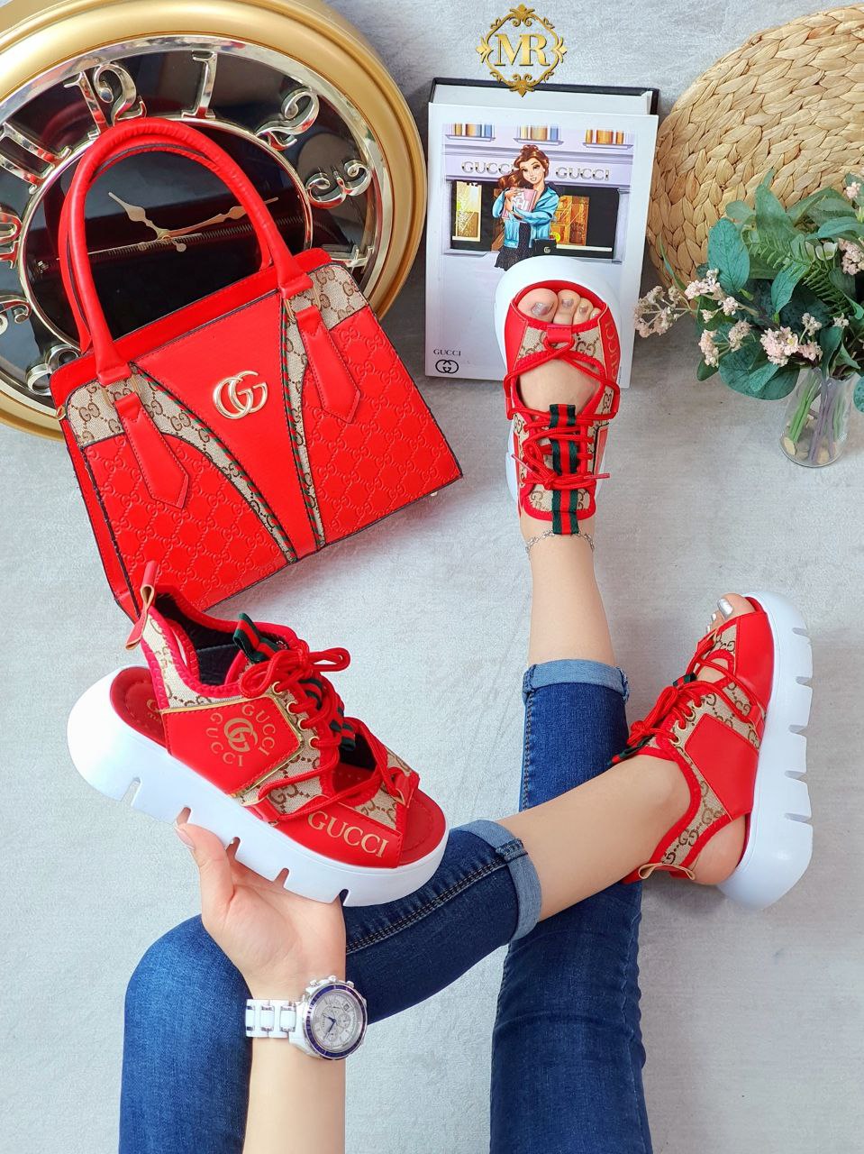 Gucci ankle strap sandals with matching shoulder bags