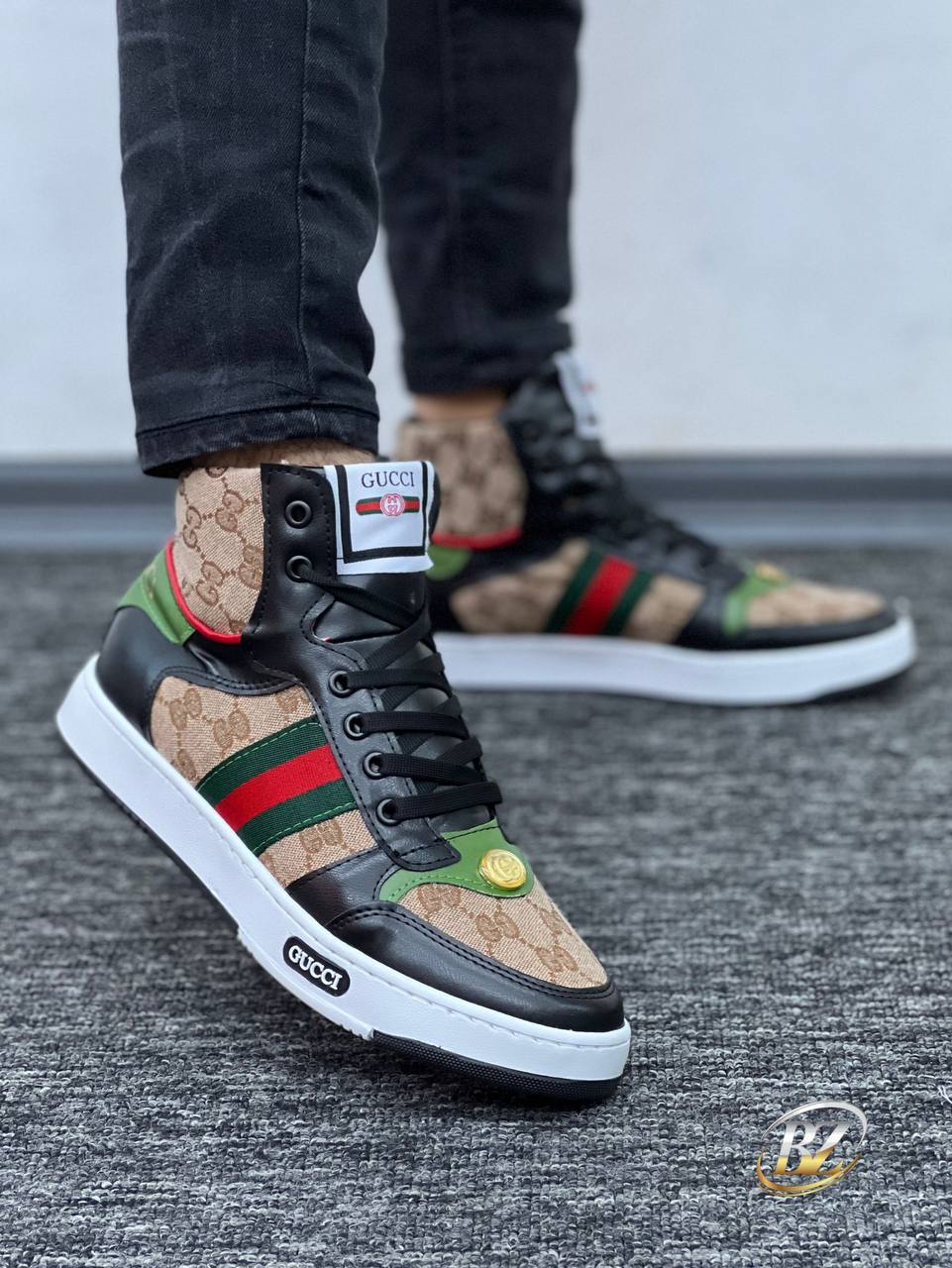 Gucci Supreme two tone Canvas and leather high top lace up sneakers
